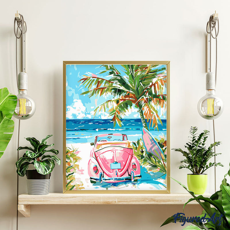 Peinture Par Numéros - Voiture Rose Près De La Mer