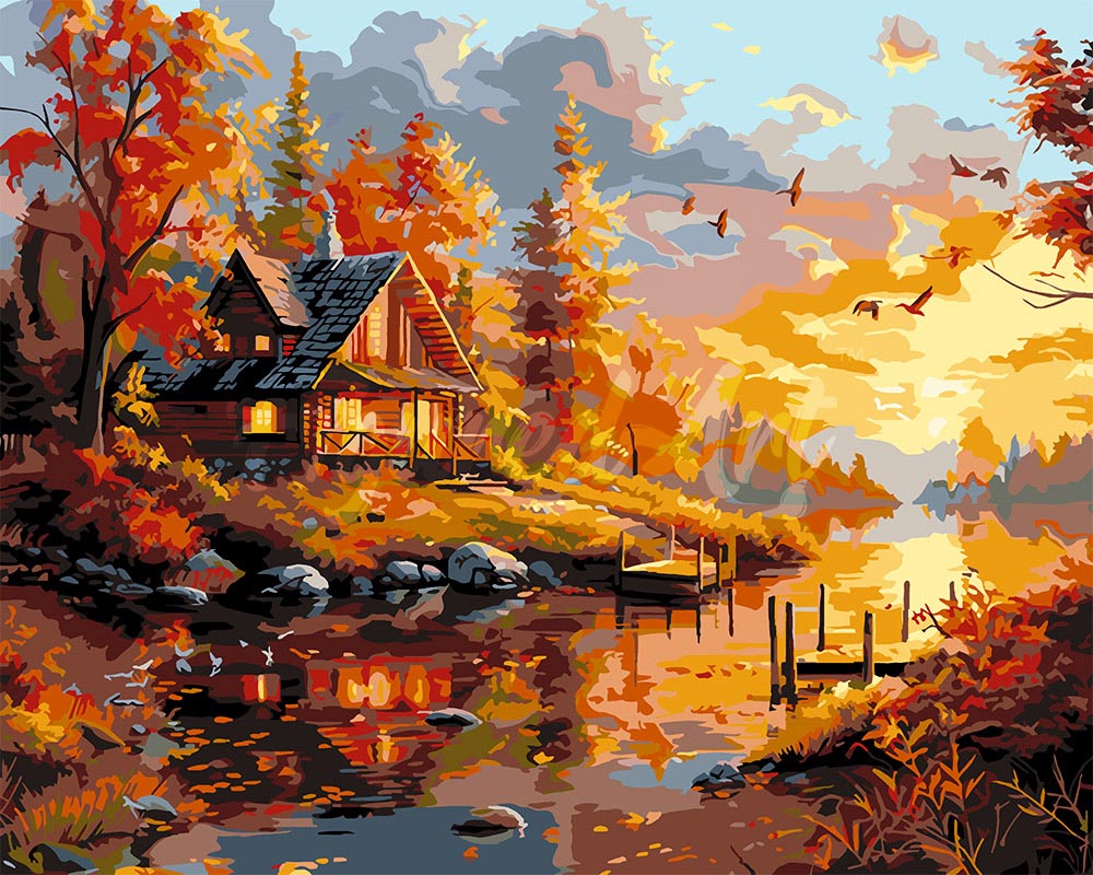 Peinture Par Numéros - Coucher De Soleil Automnal Près De La Cabane