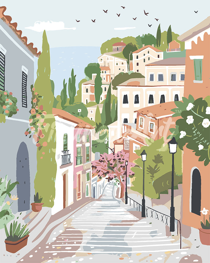 Peinture Par Numéros - Ville À Flanc De Colline Pastel