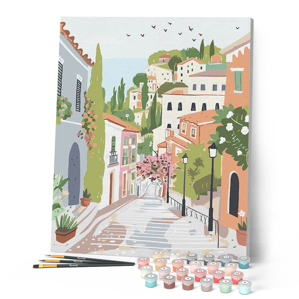 Peinture Par Numéros - Ville À Flanc De Colline Pastel