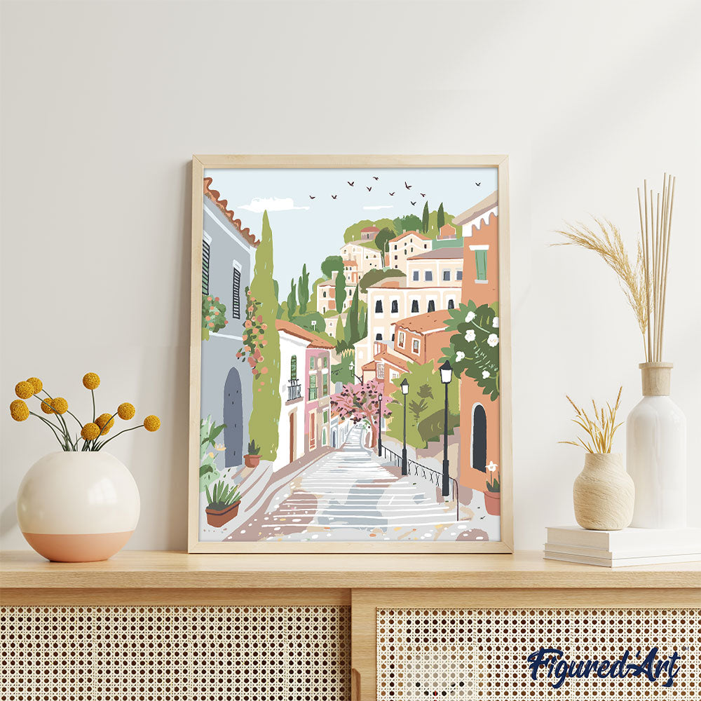 Peinture Par Numéros - Ville À Flanc De Colline Pastel