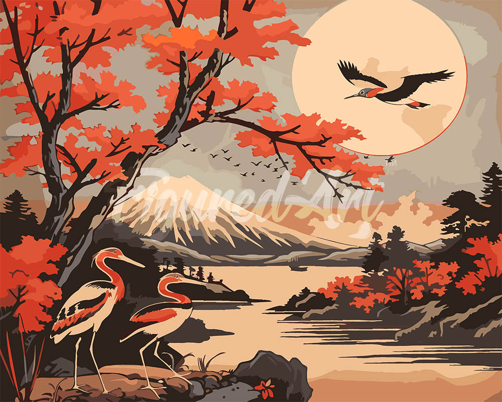 Peinture Par Numéros - Grues Et Vue Sur Le Mont Fuji