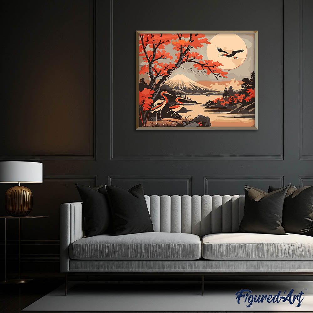 Peinture Par Numéros - Grues Et Vue Sur Le Mont Fuji