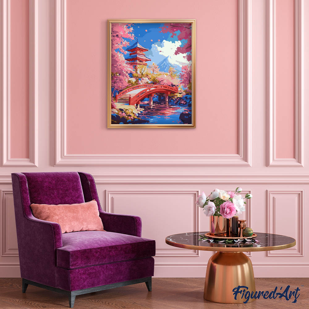 Peinture Par Numéros - Pont Rouge Et Cerisiers En Fleurs