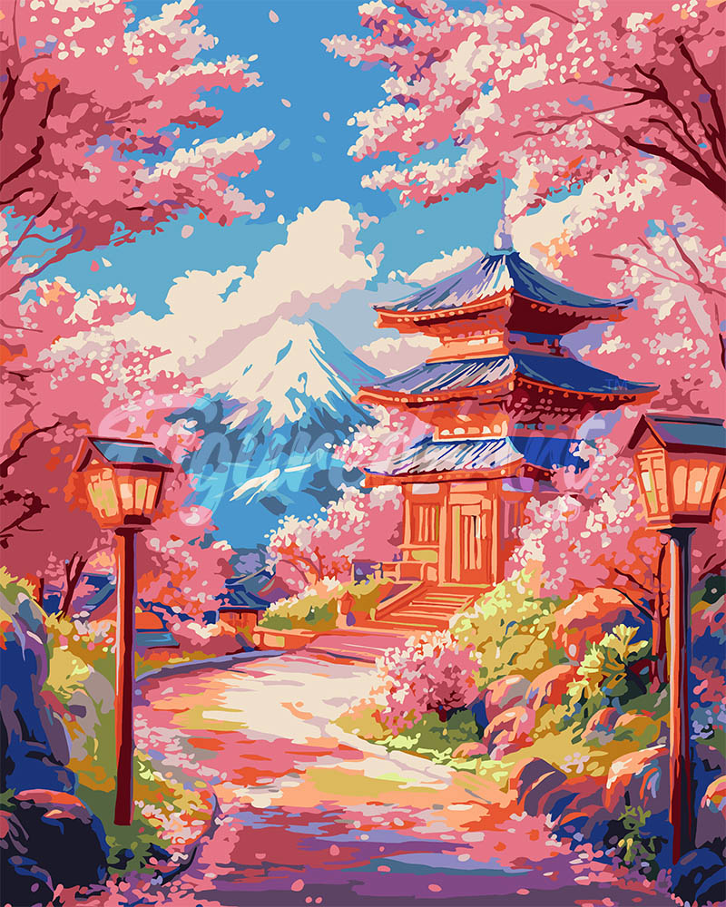 Peinture Par Numéros - Route Des Cerisiers En Fleurs Vers La Pagode