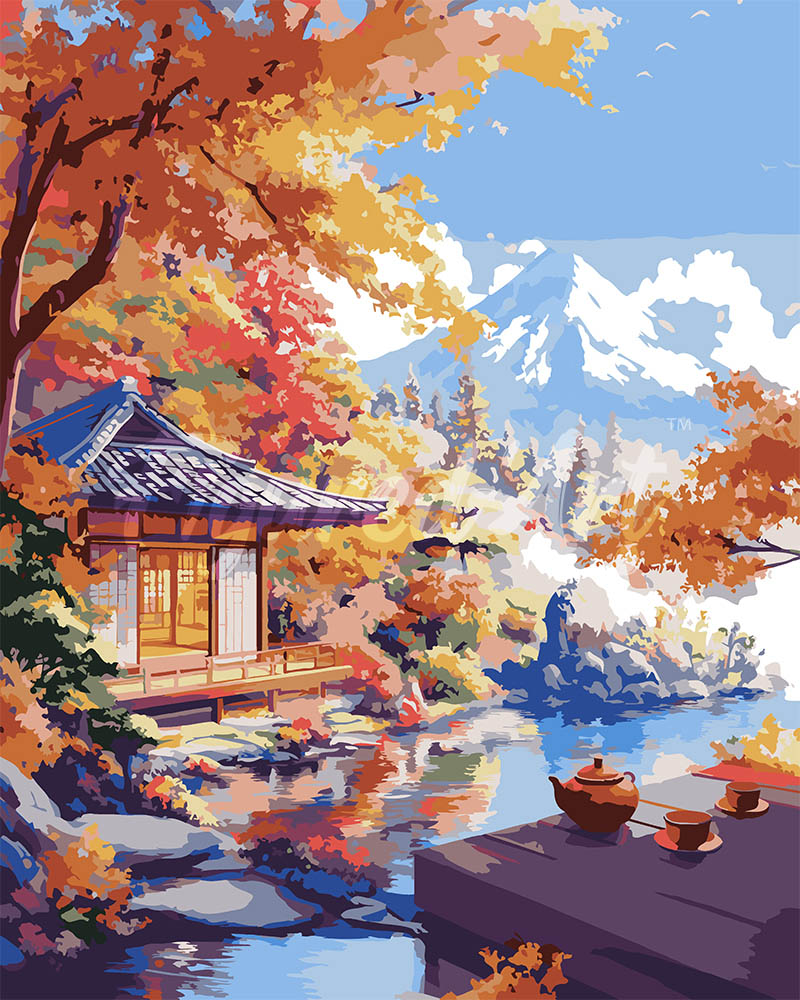 Peinture Par Numéros - Maison De Thé D’Automne Au Bord Du Lac