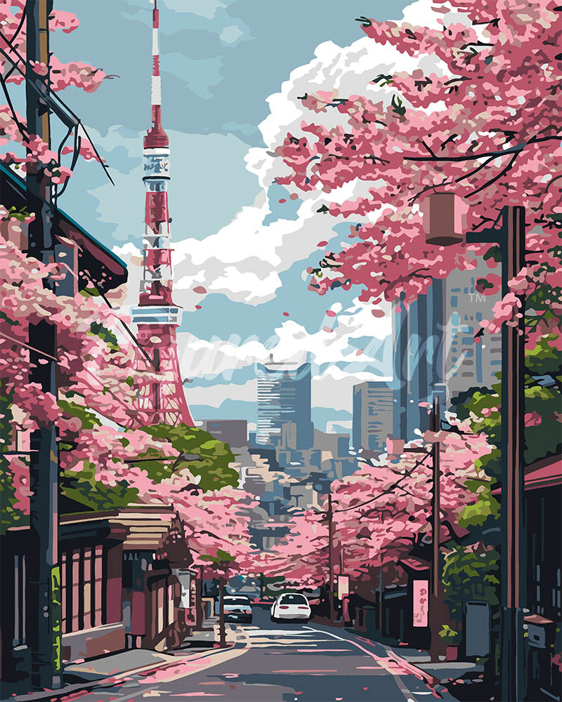 Peinture Par Numéros - Rue Des Cerisiers En Fleurs À Tokyo