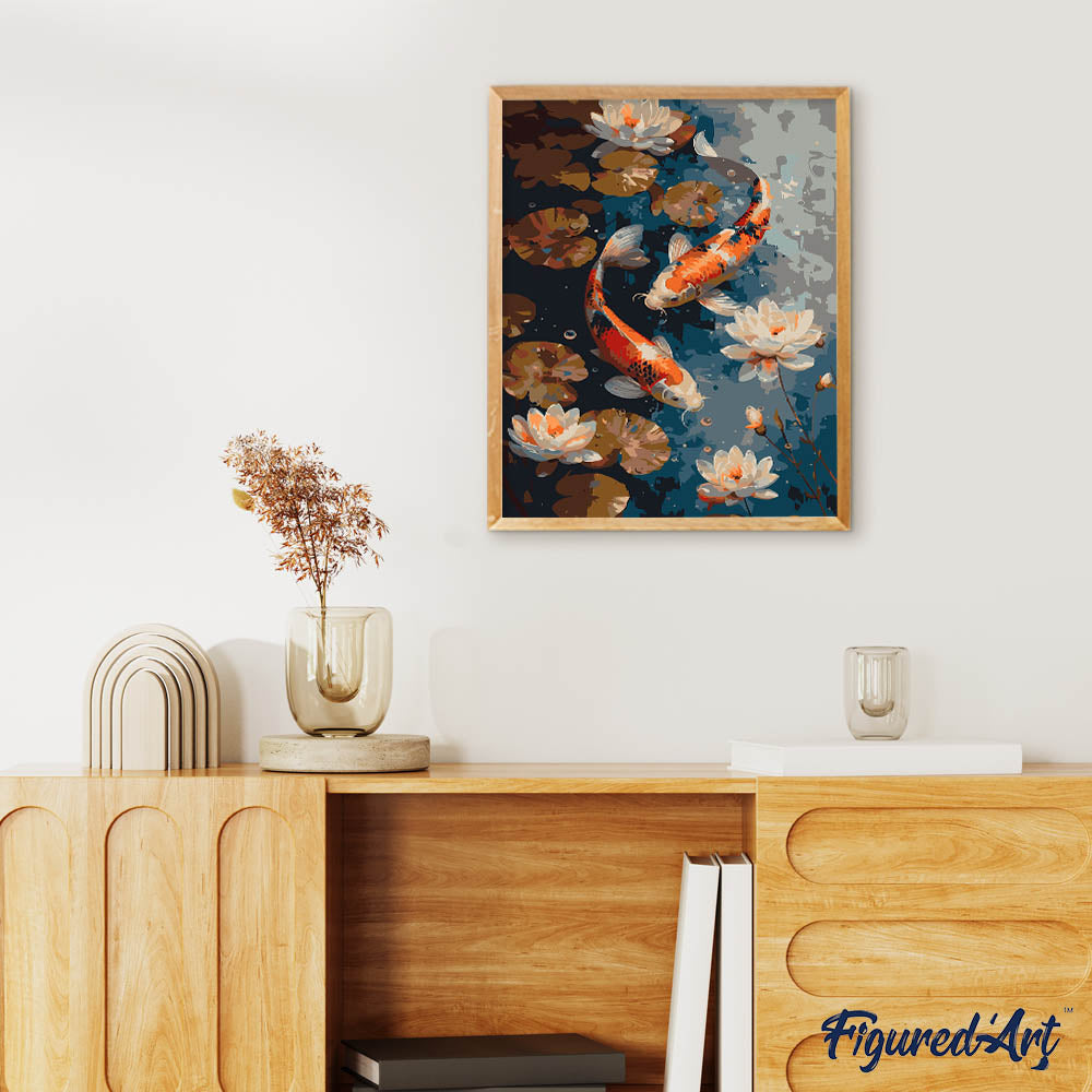 Peinture Par Numéros - Carpe Koï Vintage Et Fleurs