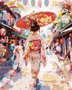 Peinture Par Numéros - Femme En Yukata Dans Une Rue Animée