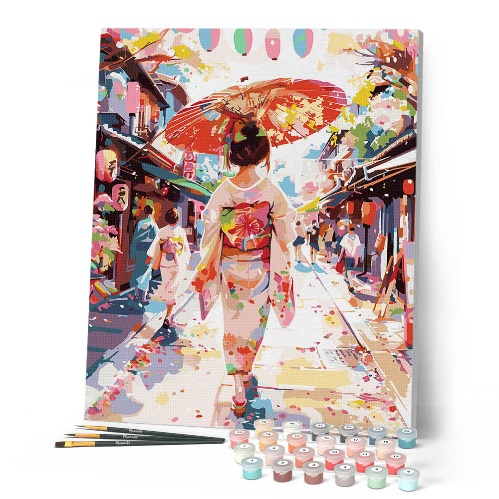 Peinture Par Numéros - Femme En Yukata Dans Une Rue Animée