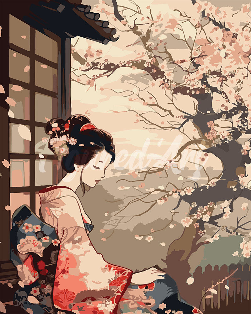 Paint by Numbers - Woman in Vintage Kimono and Cherry Blossoms
