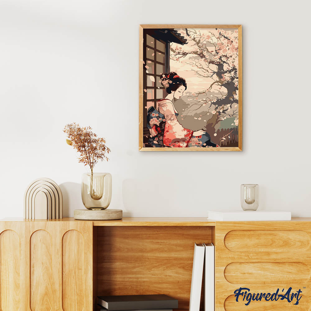 Paint by Numbers - Woman in Vintage Kimono and Cherry Blossoms