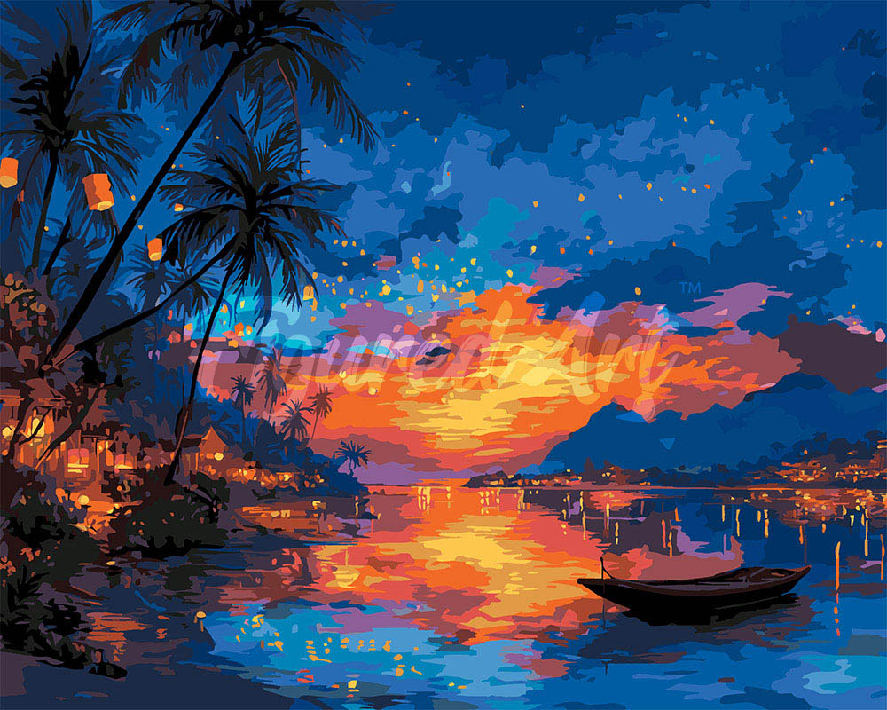 Peinture Par Numéros - Coucher De Soleil Sur La Plage Et Lanternes