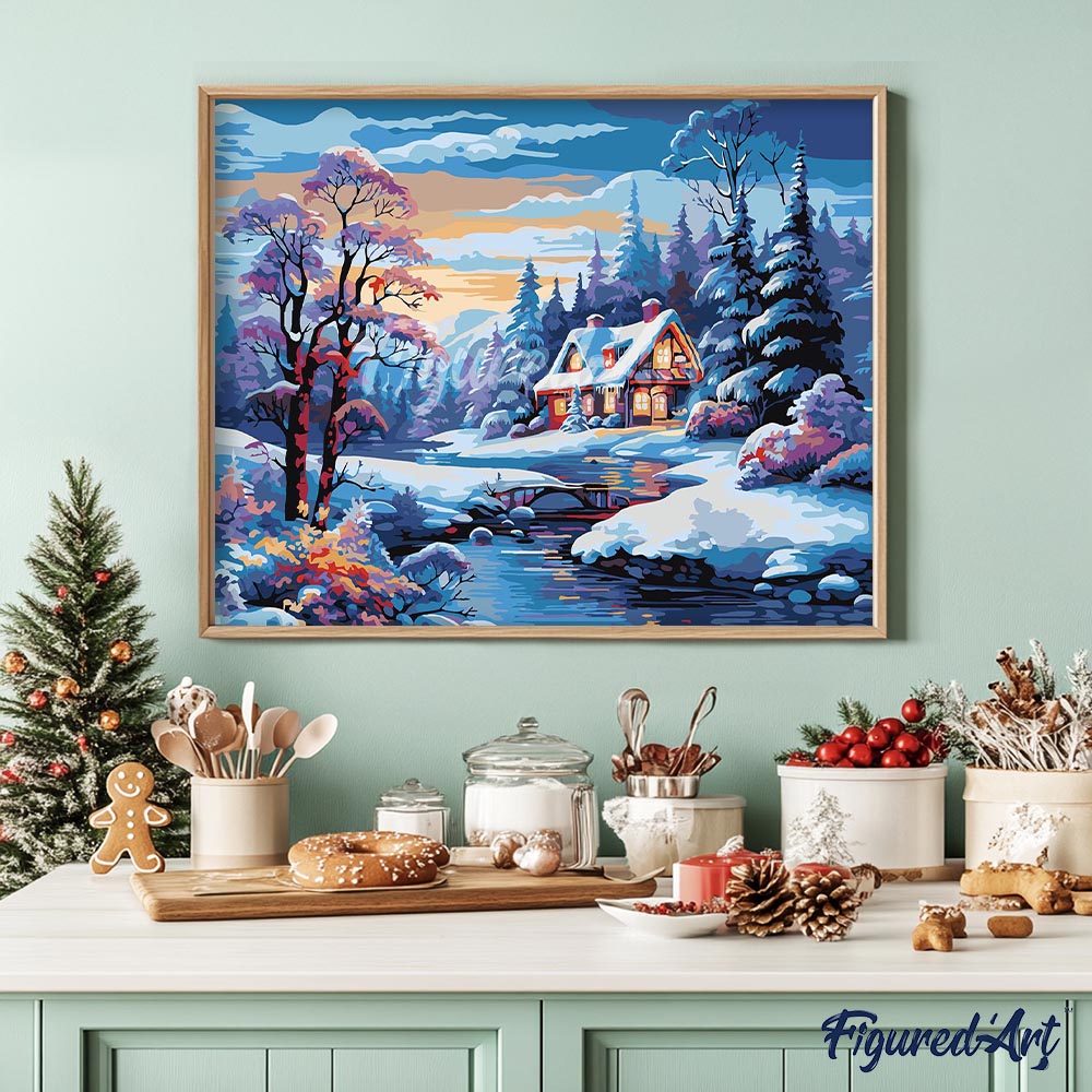 Peinture Par Numéros - Cottage De La Rivière En Hiver