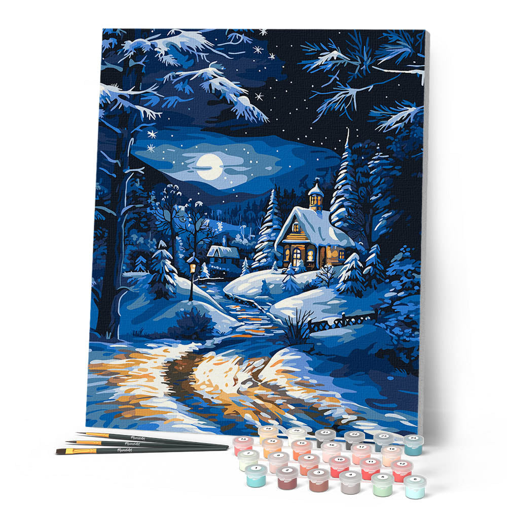 Peinture Par Numéros - Cottage D'Hiver Au Clair De Lune