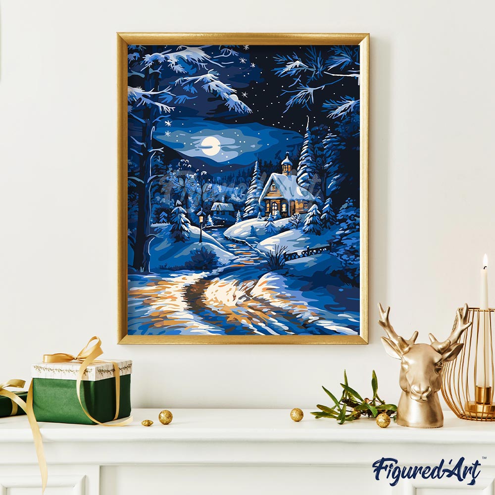 Peinture Par Numéros - Cottage D'Hiver Au Clair De Lune