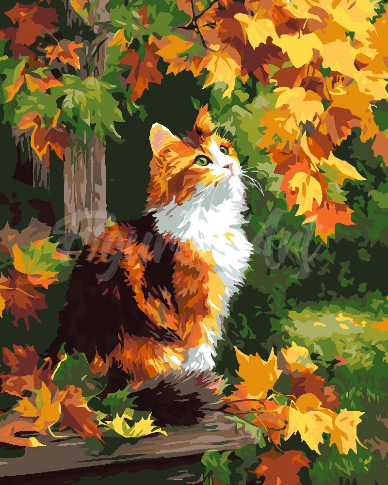 Pintura por números - Gato calicó en otoño