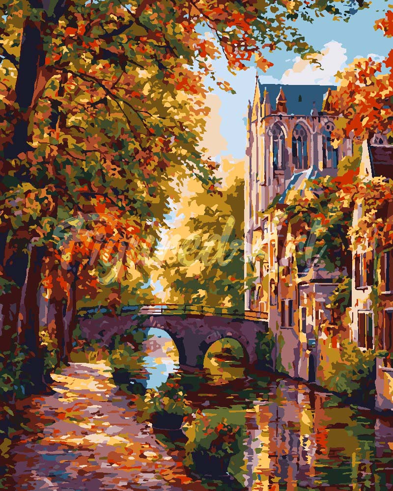 Peinture Par Numéros - Ville Au Bord De L'Eau En Automne