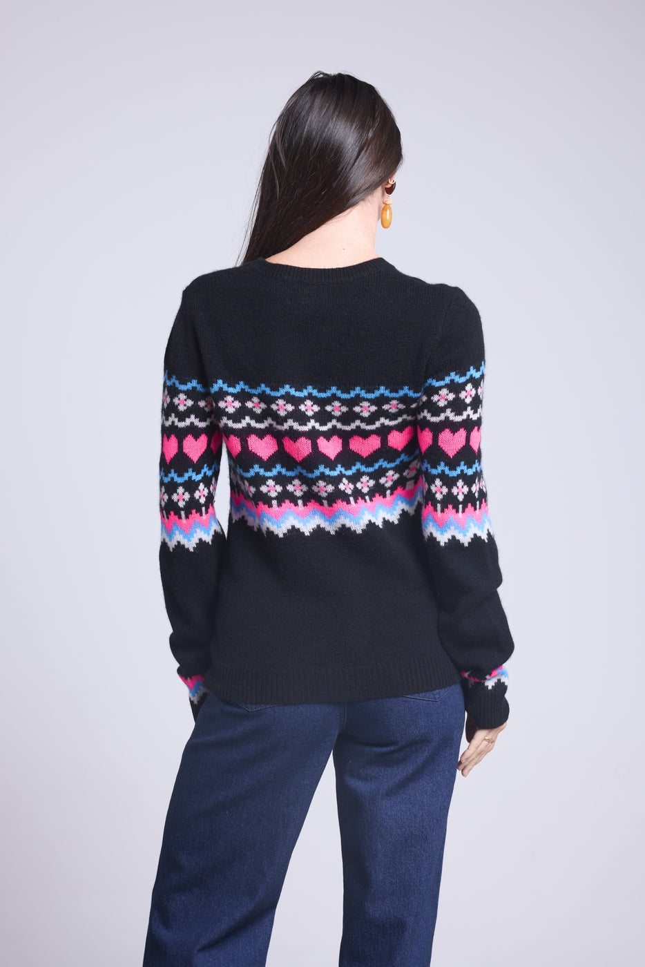 Jersey de cuello redondo montaña corazón Fanny - Negro rosa blanco - Mujer