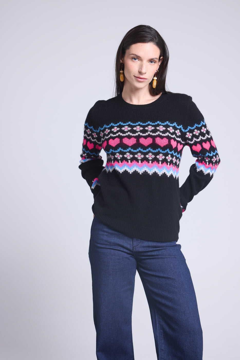 Jersey de cuello redondo montaña corazón Fanny - Negro rosa blanco - Mujer