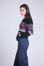 Jersey de cuello redondo montaña corazón Fanny - Negro rosa blanco - Mujer