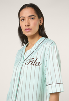 Chemise De Baseball En Satin À Fines Rayures Boxy - Mer Apaisante / Rayé