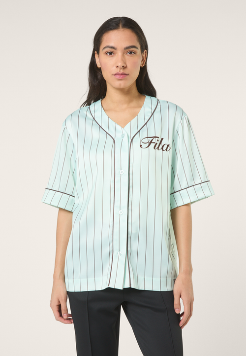Fiesole Boxy Pinstripe Satin Baseball Shirt - Soothing Sea / Striped