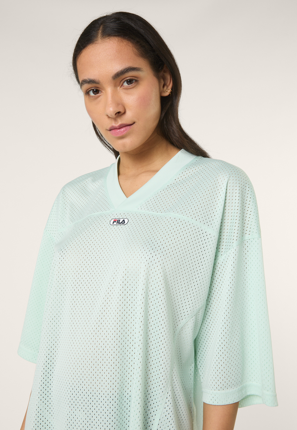 Oversized V-Neck Mesh T-Shirt Dress - Soothing Sea