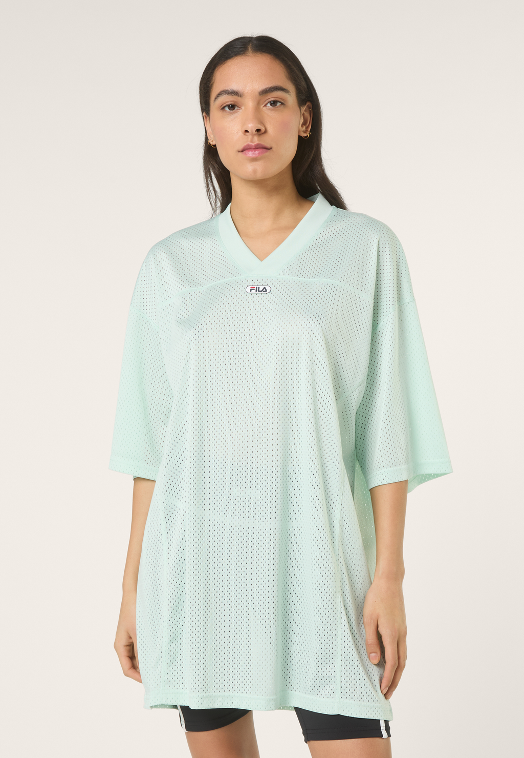 Oversized V-Neck Mesh T-Shirt Dress - Soothing Sea