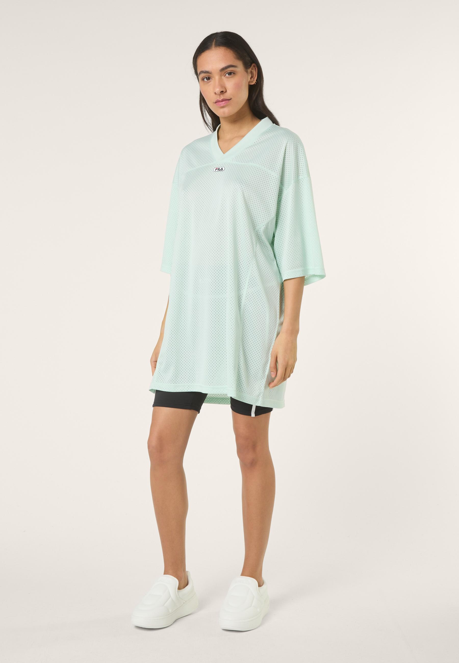 Oversized V-Neck Mesh T-Shirt Dress - Soothing Sea