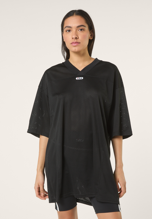 Capalle Oversized V-Neck Mesh T-Shirt Dress - Black