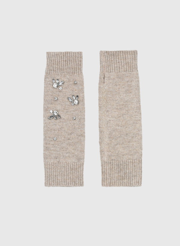 An'ge – Mitaines Fazie Beige, beige gebreide wanten zonder vingers met borduursels van parels en stras