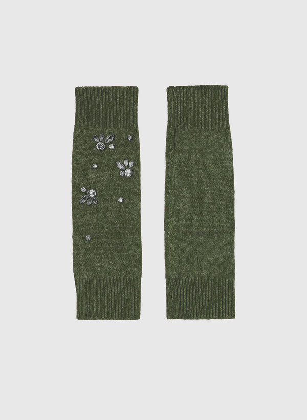 An'ge – Guanti senza dita Fazie Cachi, due guanti senza dita verde cachi con ricami di perline e strass