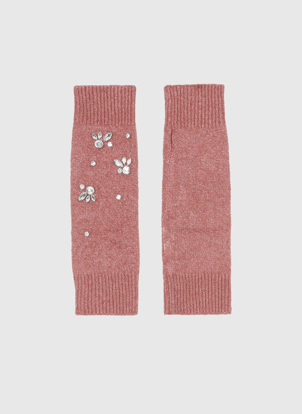 An'ge – Mitaines Fazie Rose, deux mitaines roses en maille avec des strass, vue de face