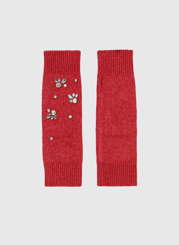 An'ge – Mitaines Fazie Rouge, vue de face de deux mitaines rouges avec des ornements brillants