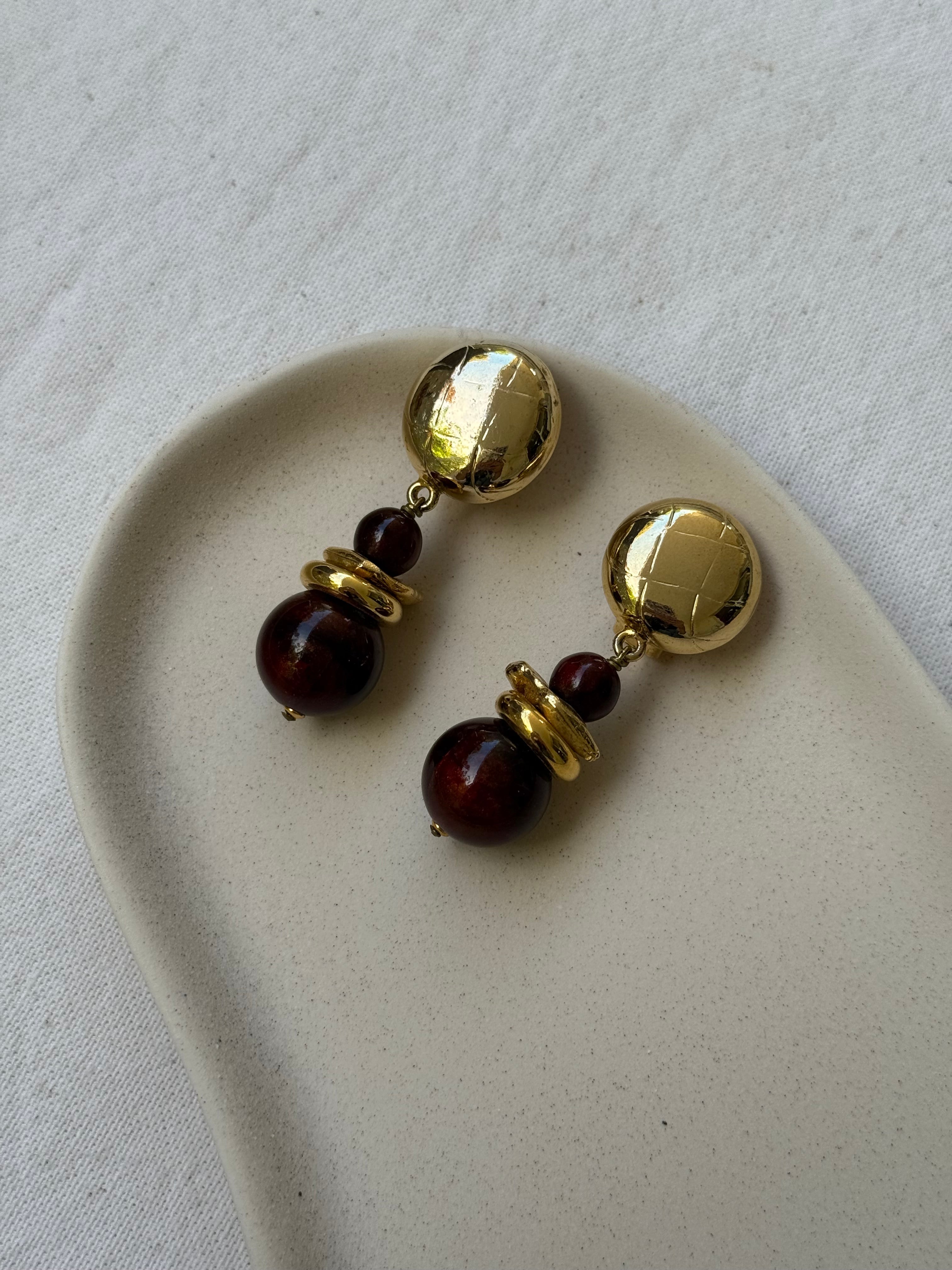 Boucles D’Oreilles Vintage - Perles Marrons Pendantes