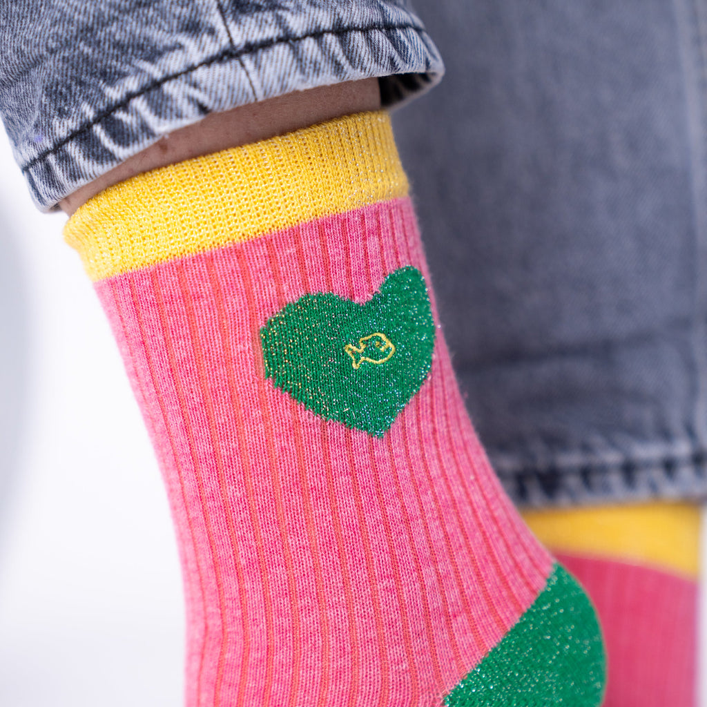 Chaussettes En Coton Peigné Coeur - Rose Et Vert