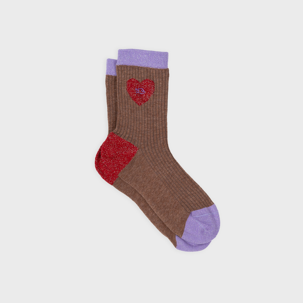 Chaussettes En Coton Peigné Coeur - Marron Et Rouge