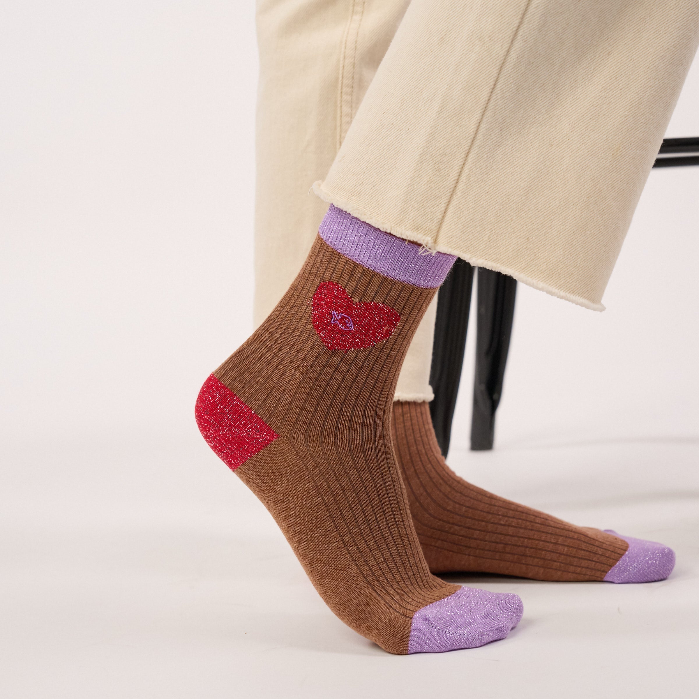 Chaussettes En Coton Peigné Coeur - Marron Et Rouge