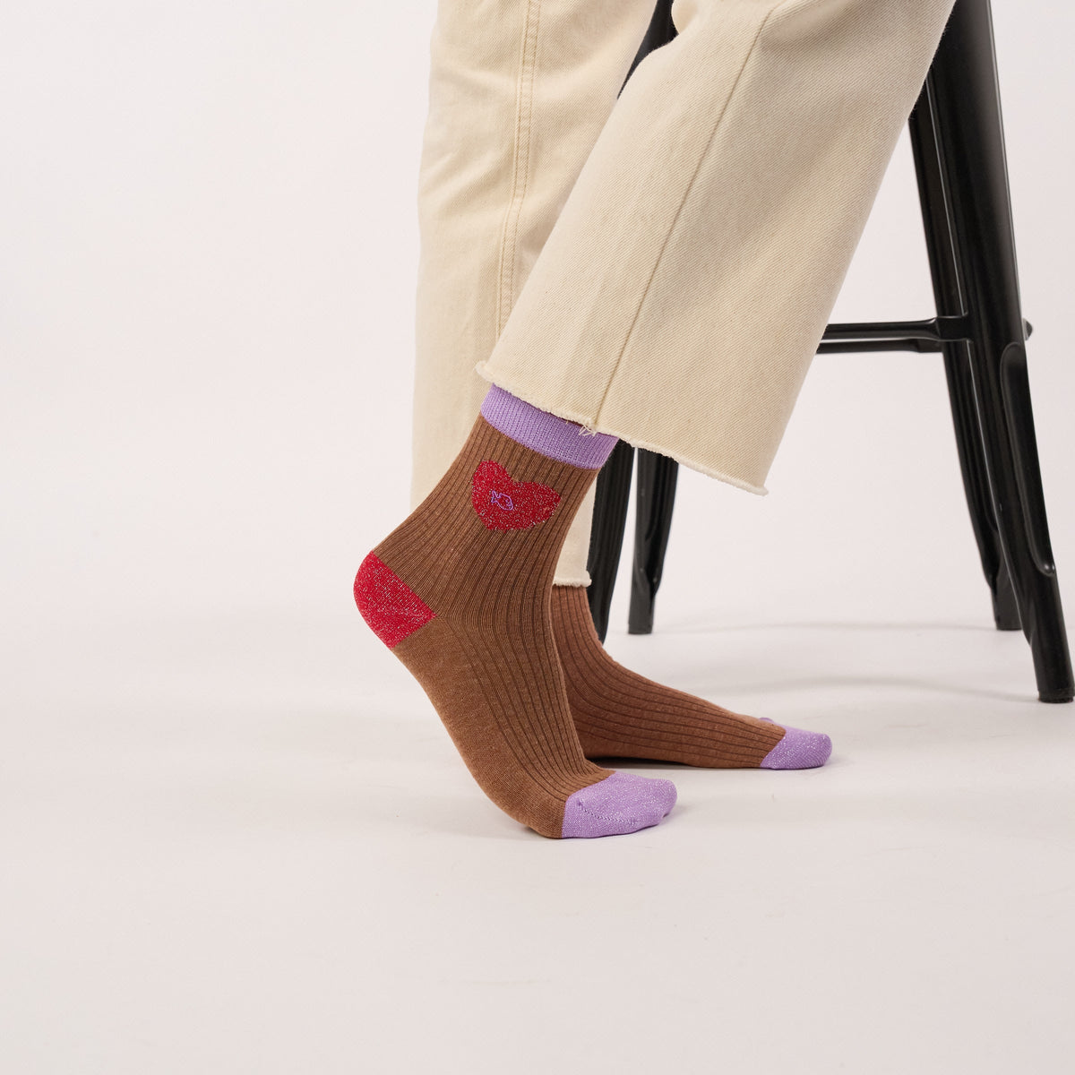 Chaussettes En Coton Peigné Coeur - Marron Et Rouge