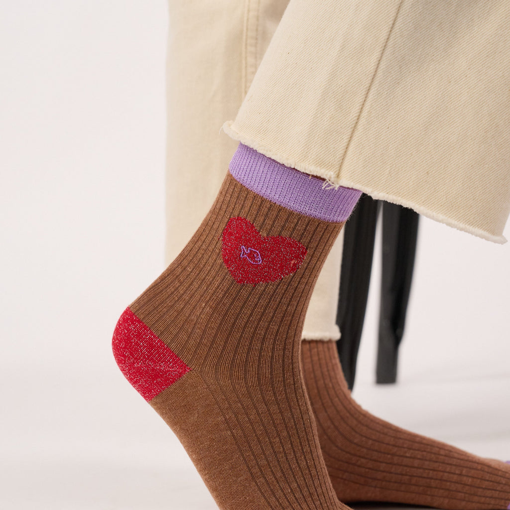 Chaussettes En Coton Peigné Coeur - Marron Et Rouge
