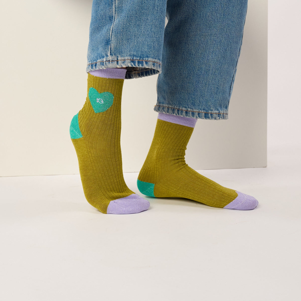 Calcetines De Algodón Peinado Corazón - Oliva Y Turquesa