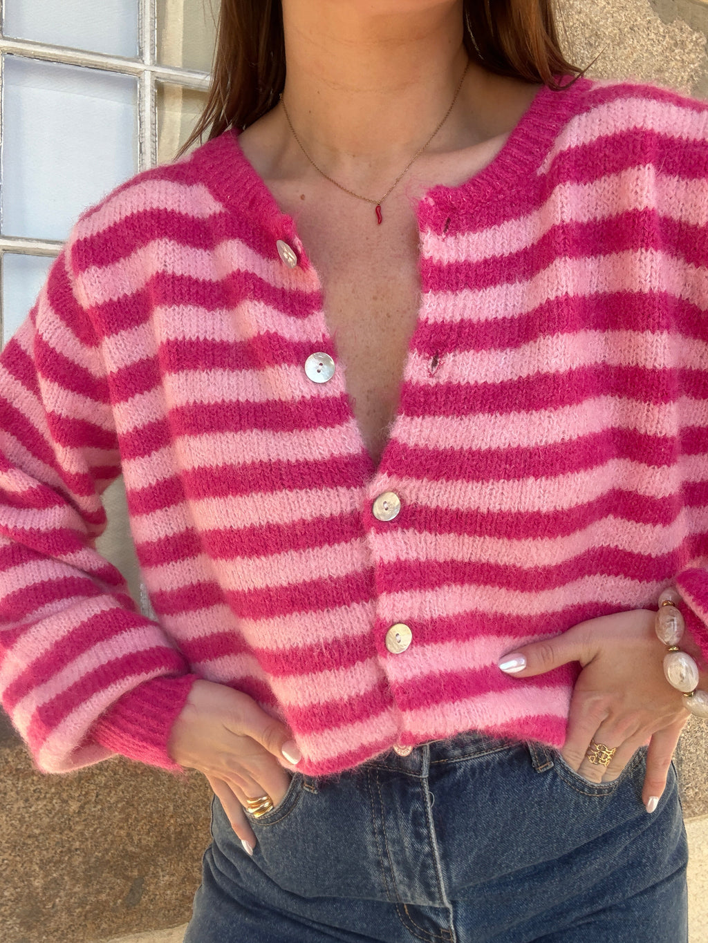 Cardigan Solela Rayé Rose Et Rouge