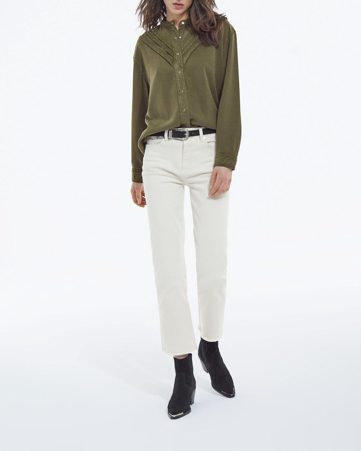 The Kooples - Camisa Caqui Cuello Redondo Con Detalles De Volantes - Mujer