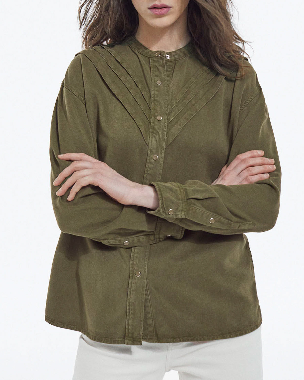 The Kooples - Camisa Caqui Cuello Redondo Con Detalles De Volantes - Mujer