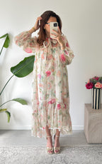 Riomaggiore Long Floral Dress - Ecru and Pink