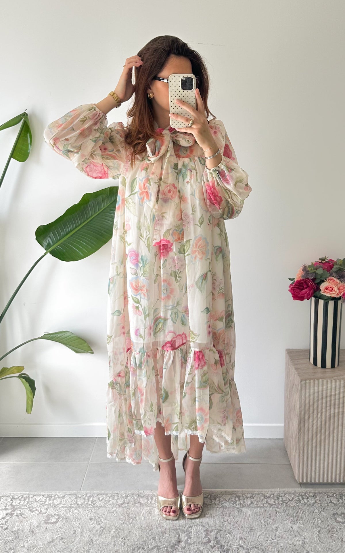 Riomaggiore Long Floral Dress - Ecru and Pink
