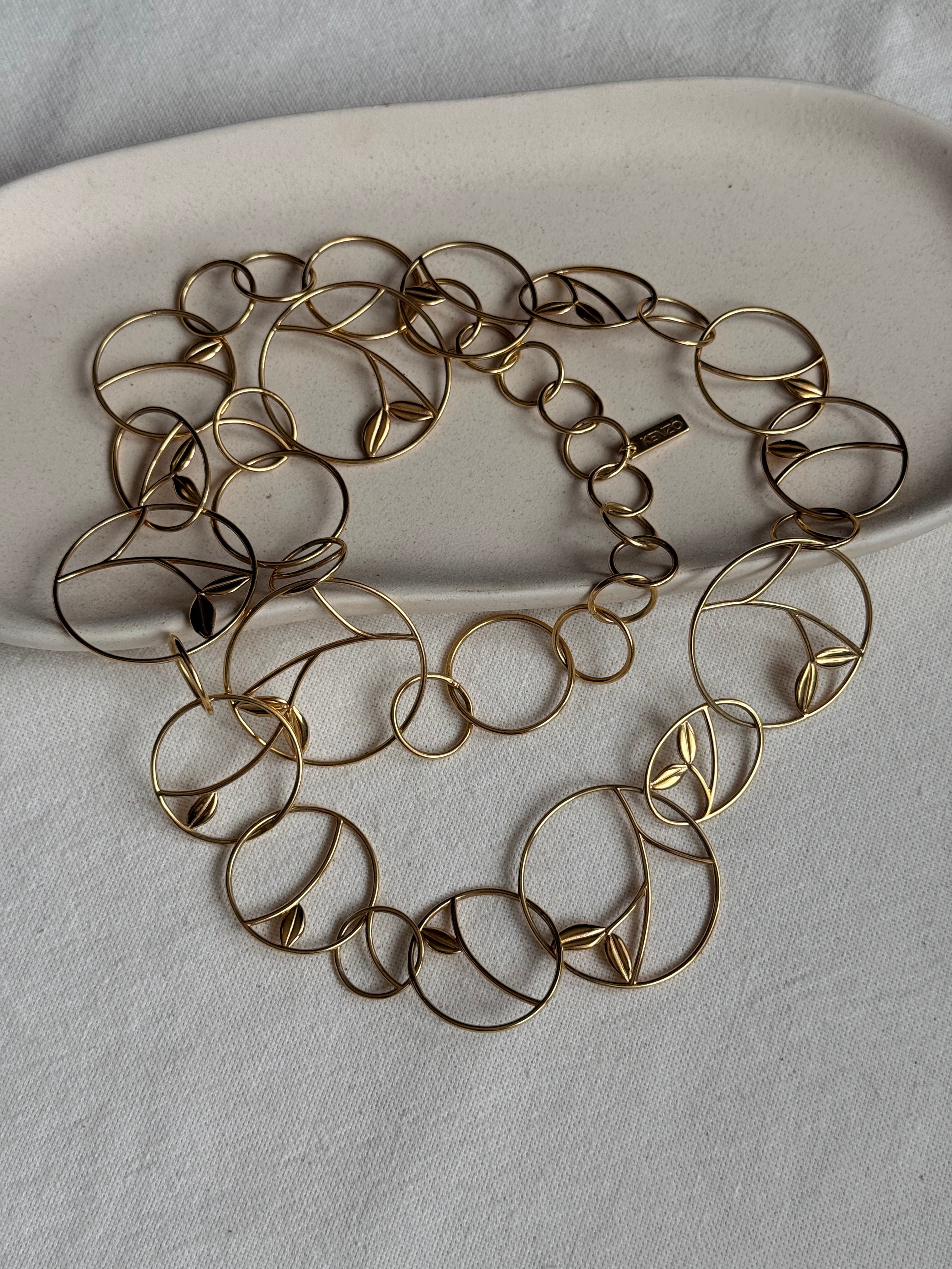 Collar Largo Kenzo Vintage - Eslabones Circulares y Hojas