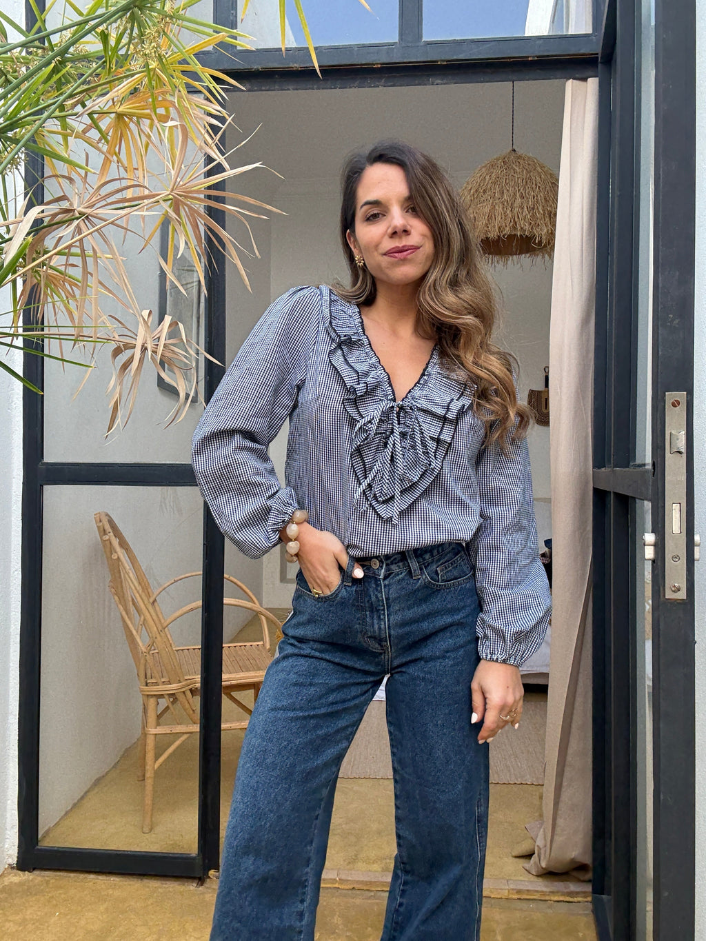 Blusa Stella de cuadros vichy azul marino