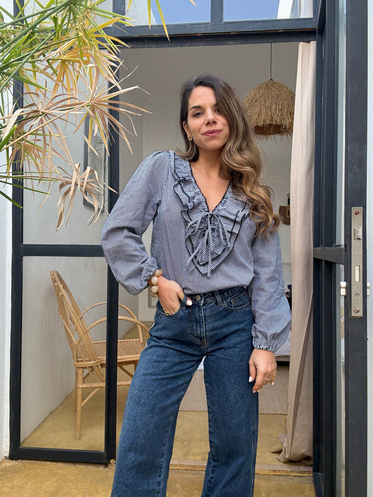 Blusa Stella de cuadros vichy azul marino